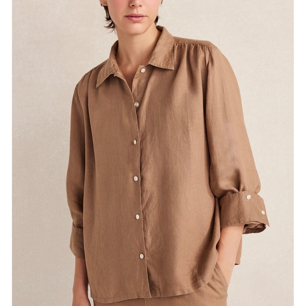 Haven Well Within XXL Everweave Linen Shirred Top Button Front Shirt Brown